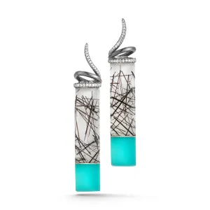 Carved Tourmalinated Quartz, Turquoise, Rock Crystal and Diamond Earrings