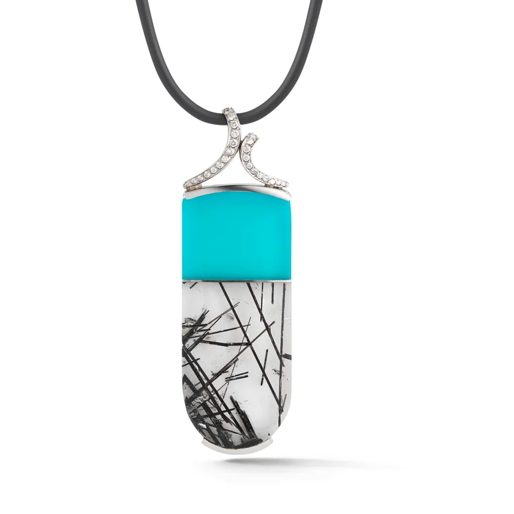 Carved Tourmalinated Quartz, Turquoise, Rock Crystal and Diamond Pendant