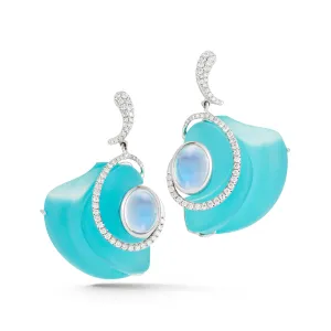 Carved Turquoise, Rock Crystal, Moonstone and Diamond Earrings