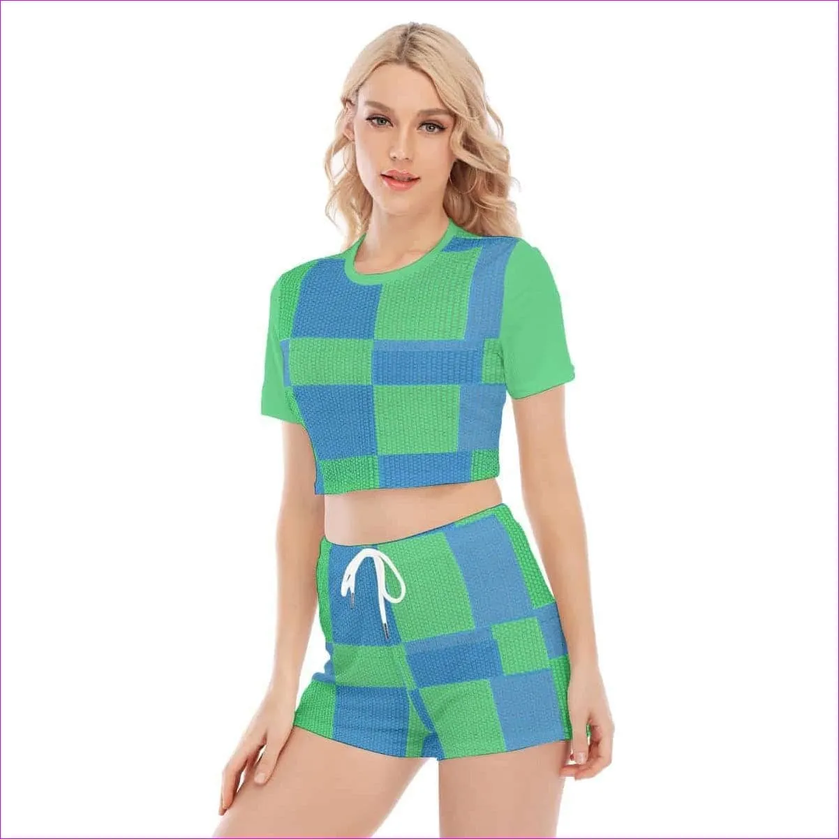 Checkered Pixel Womens O-neck T-shirt Short Set