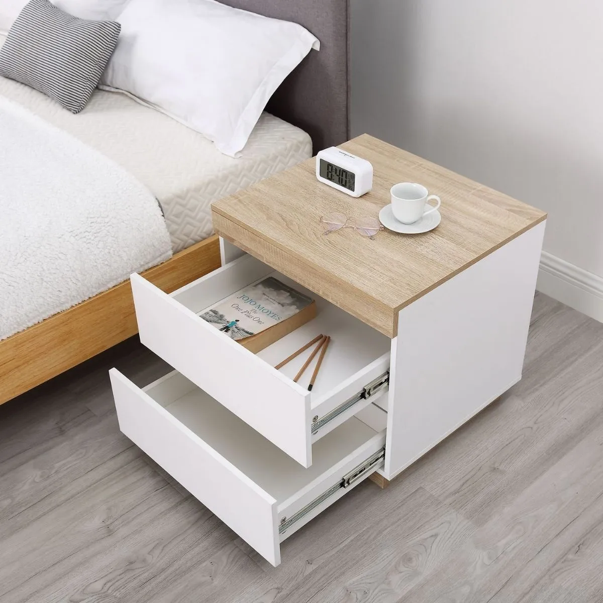 Coastal White Wooden Bedside Table with Drawers