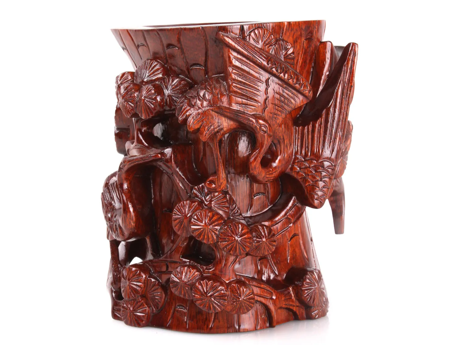 CRANES DANCING ON LOTUS - Relief-Carved Wooden Brush Holder Light Wood