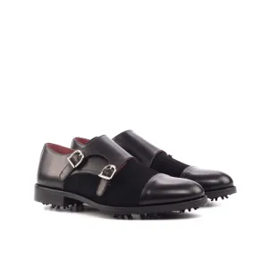 DapperFam Monaco Golf in Black Men's Italian Leather & Lux Suede Double Monk