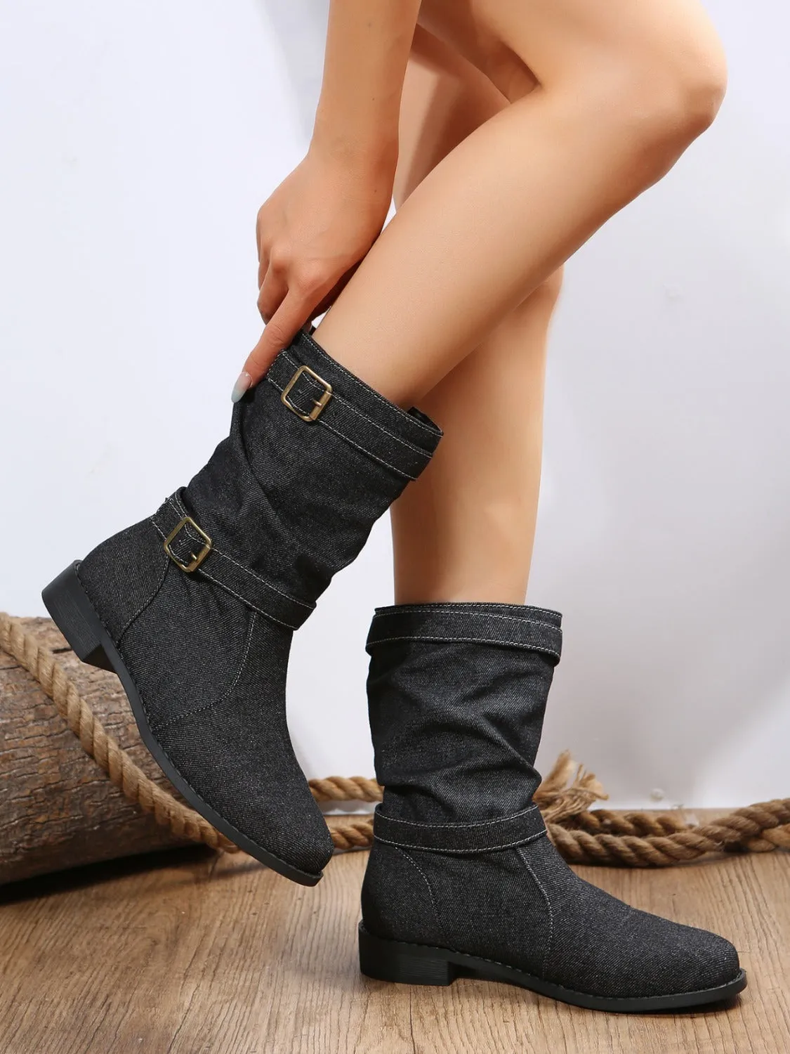 Double Buckle Block Heel Boots