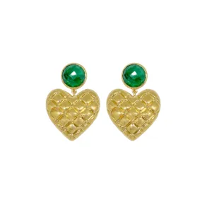 Elizabeth Emerald & Quilted Gold Heart Earring