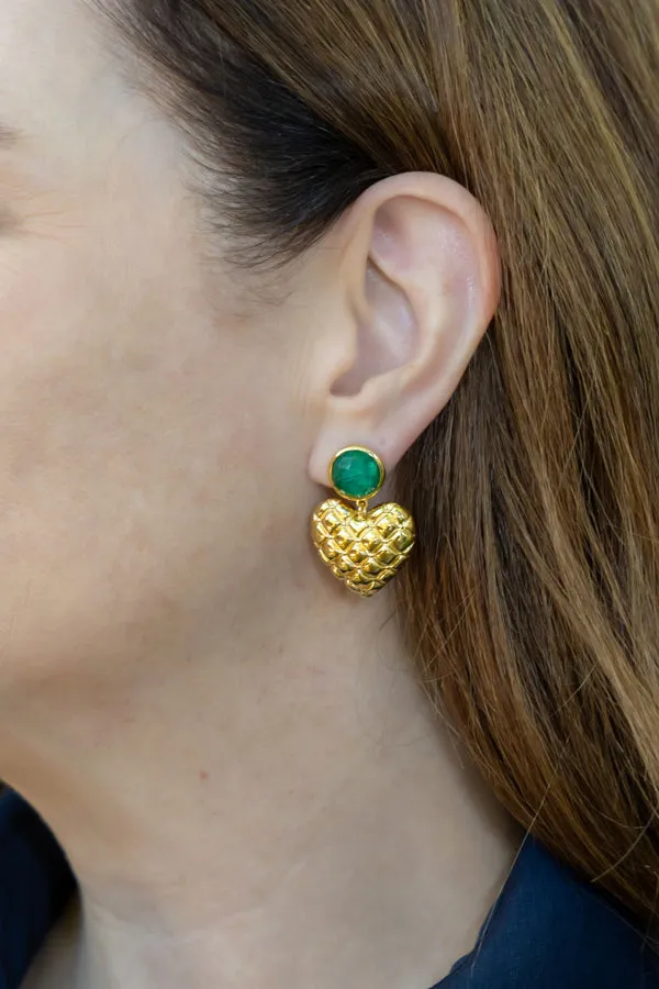 Elizabeth Emerald & Quilted Gold Heart Earring