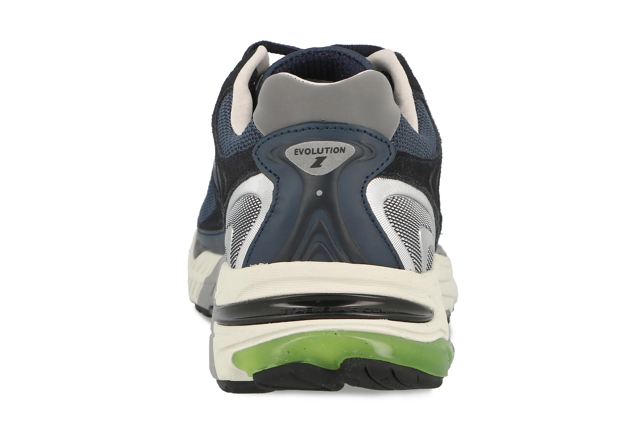 Etonic Evolution sneakers in dark blue mesh fabric and tonal suede leather with silver and grey leather inserts.