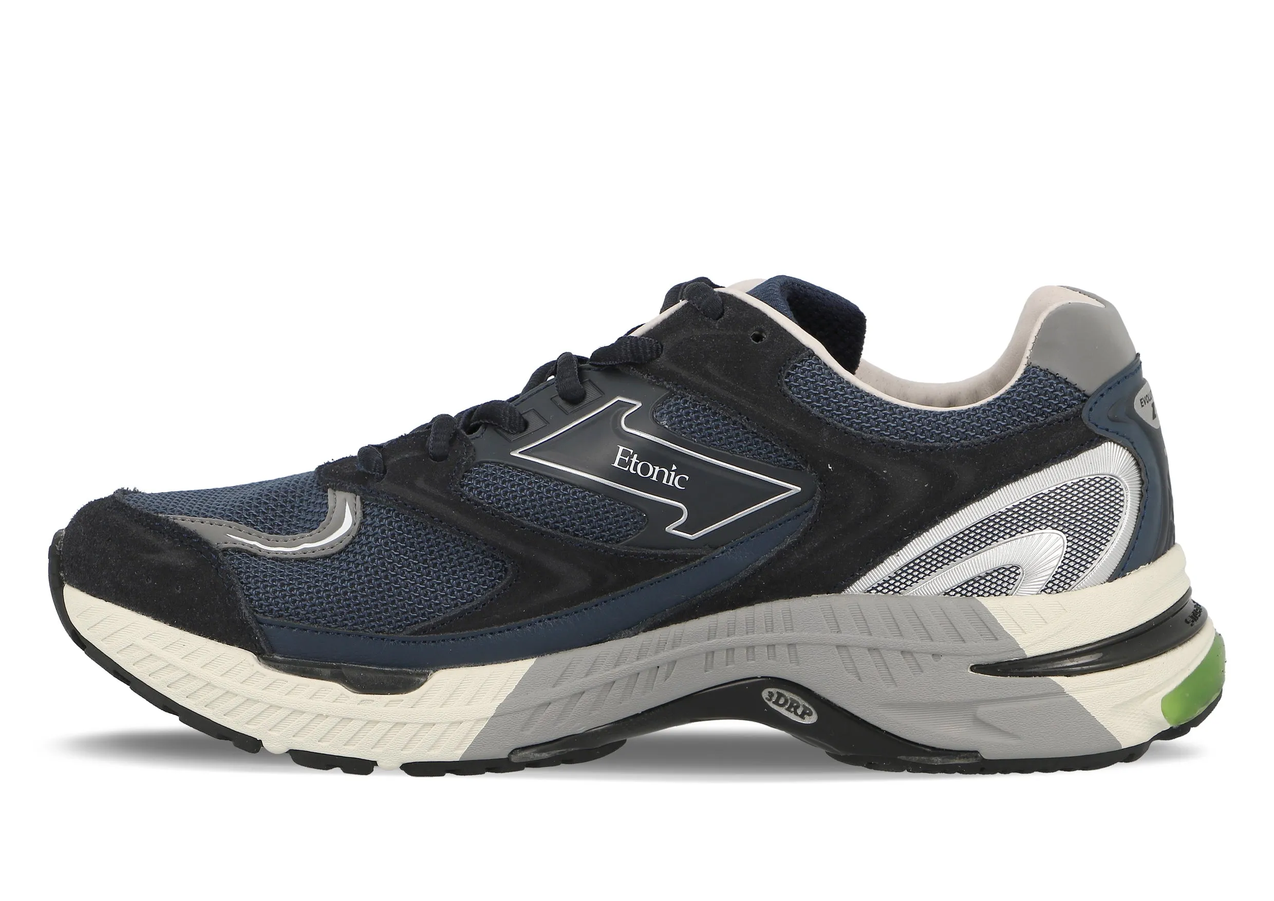 Etonic Evolution sneakers in dark blue mesh fabric and tonal suede leather with silver and grey leather inserts.