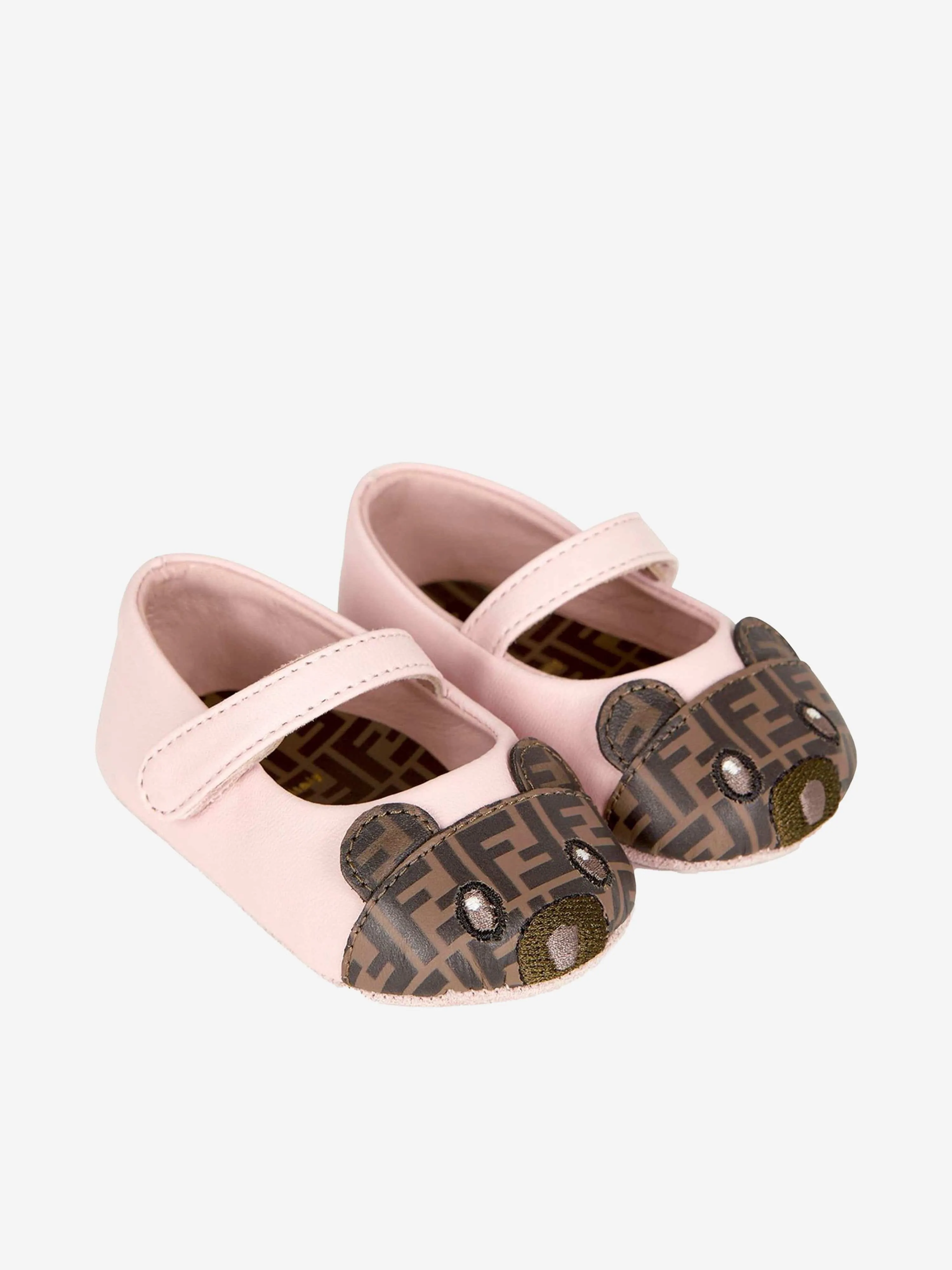 Fendi Baby Girls Leather Bear Logo Shoes in Pink