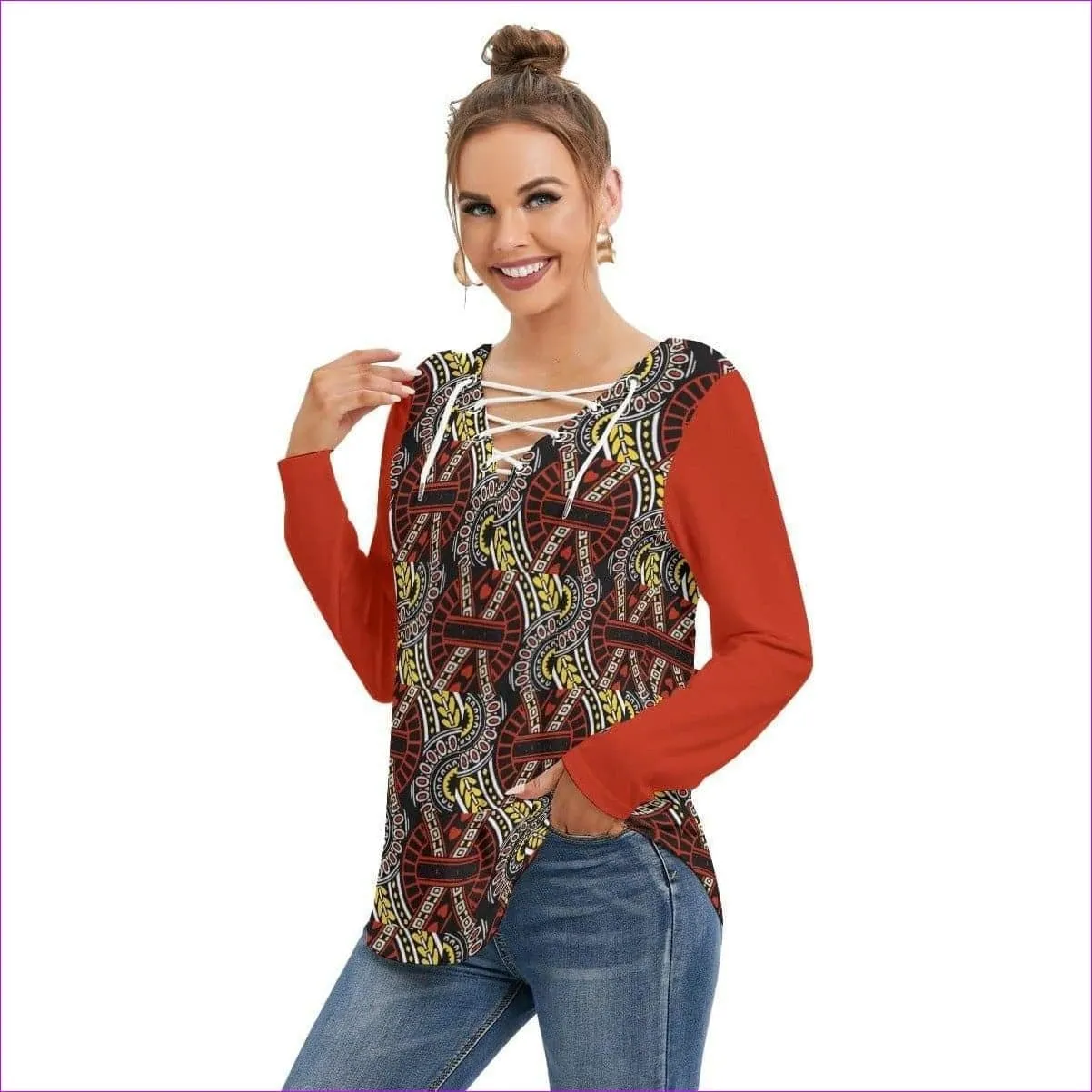 Full Deck Womens Long Sleeve Tie Up Blouse