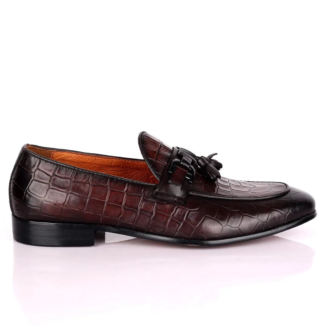 Gian Classic Tassel And Croc Designed Coffee Leather Shoe