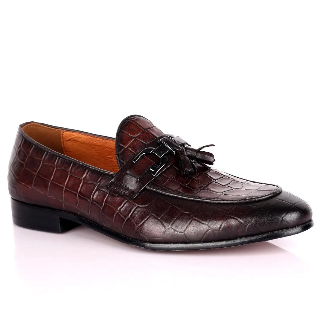 Gian Classic Tassel And Croc Designed Coffee Leather Shoe