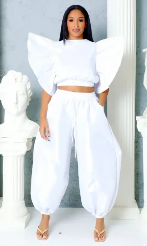 Graceful Flutter Sleeve Pants Set - White FINAL SALE