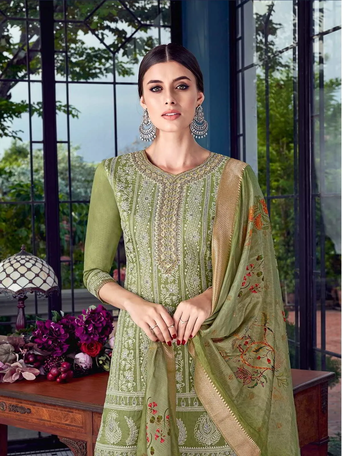 Graceful Green Lucknowi Embroidered Pakistani Style Palazzo Suit