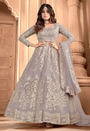 Graceful Grey Shamita Shetty Net Floor Length Anarkali Suit