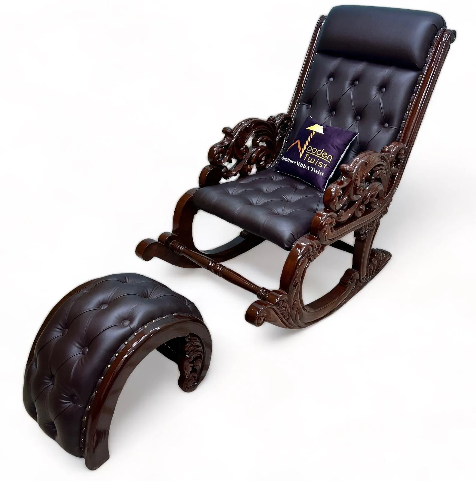 Graceful Hand Carved Rocking Chair with Foot Rest