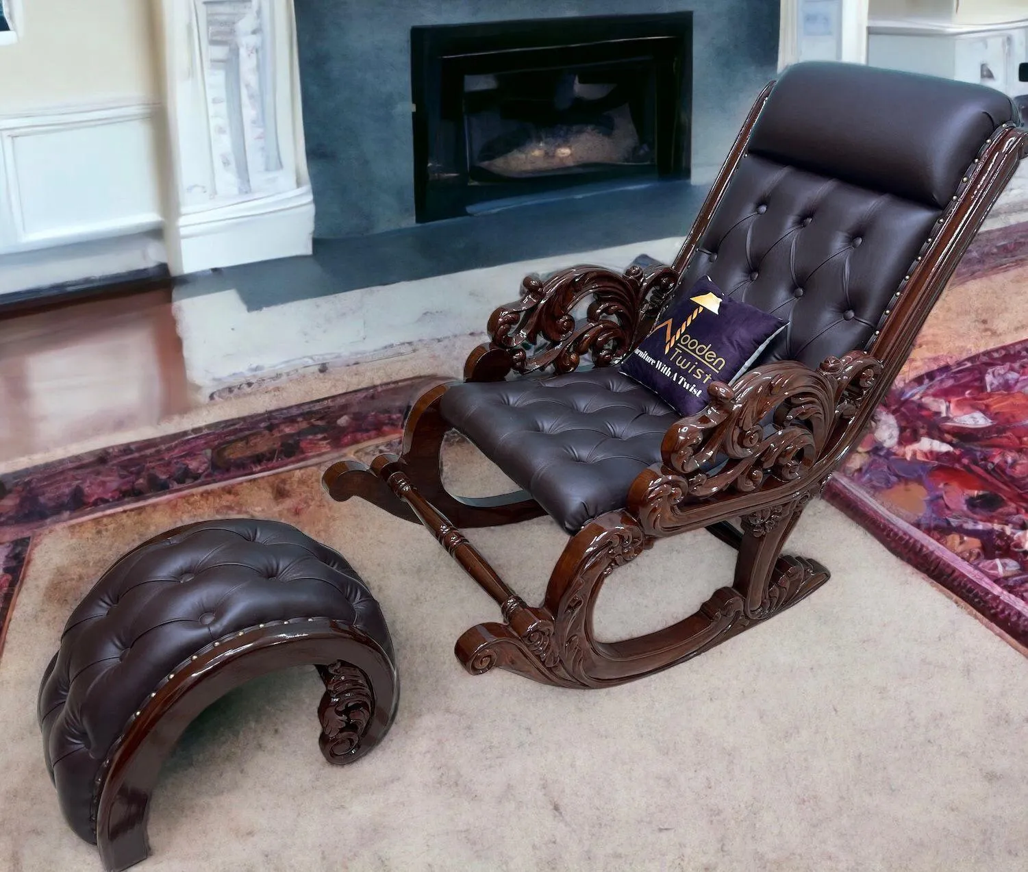 Graceful Hand Carved Rocking Chair with Foot Rest