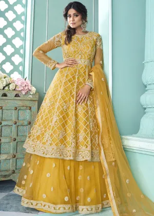 Graceful Yellow Shamita Shetty Bell Sleeved Lehenga Style Sharara Suit