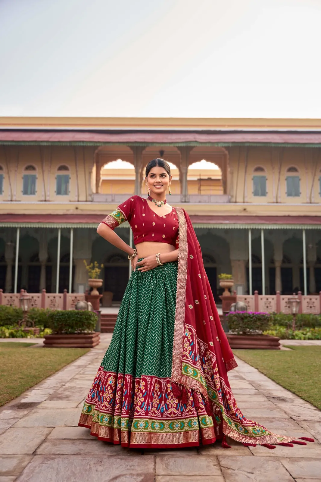 Green Captivating Tussar Silk Patola Printed Lehenga Choli Set