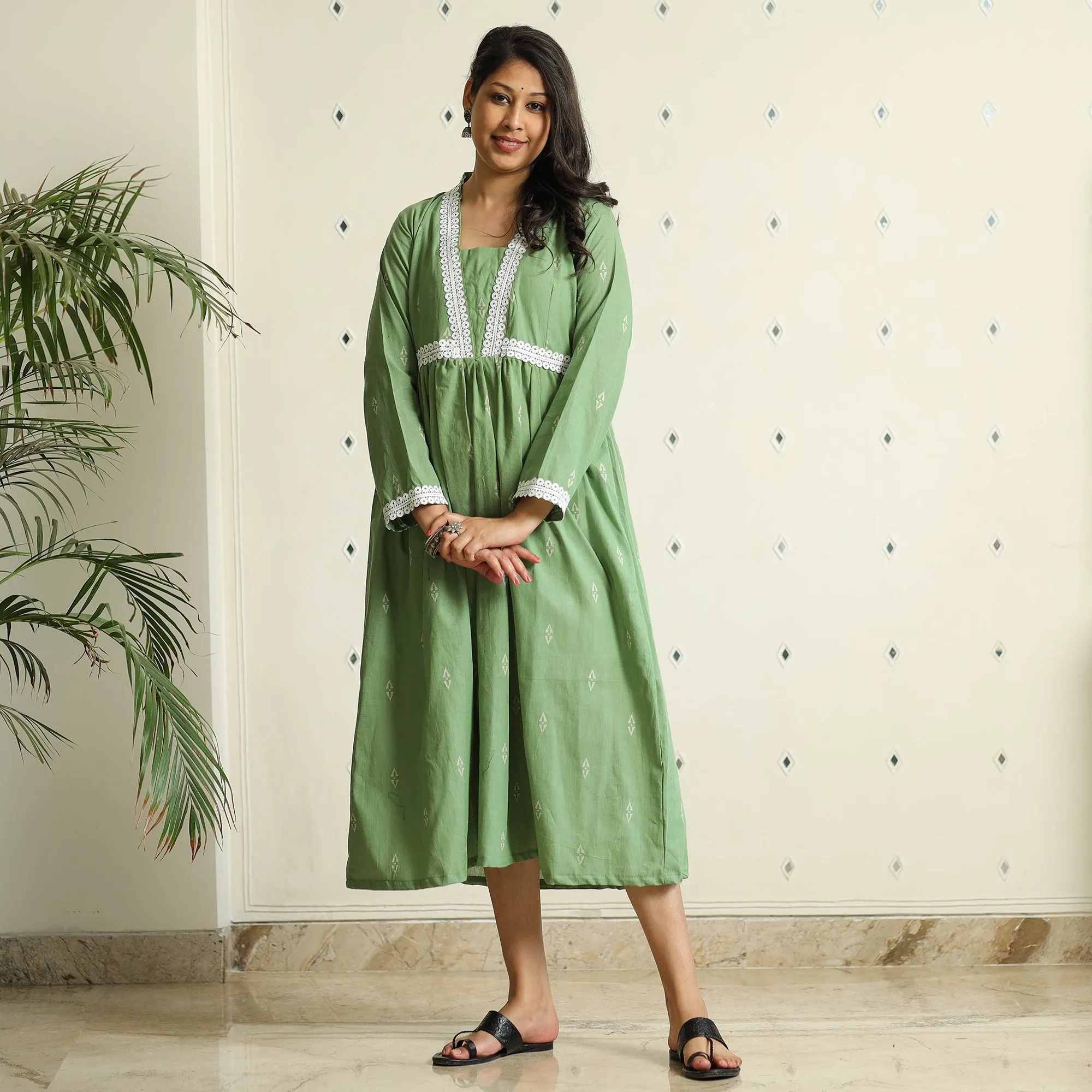 Green - Jacquard Cotton Flared Gher Dress