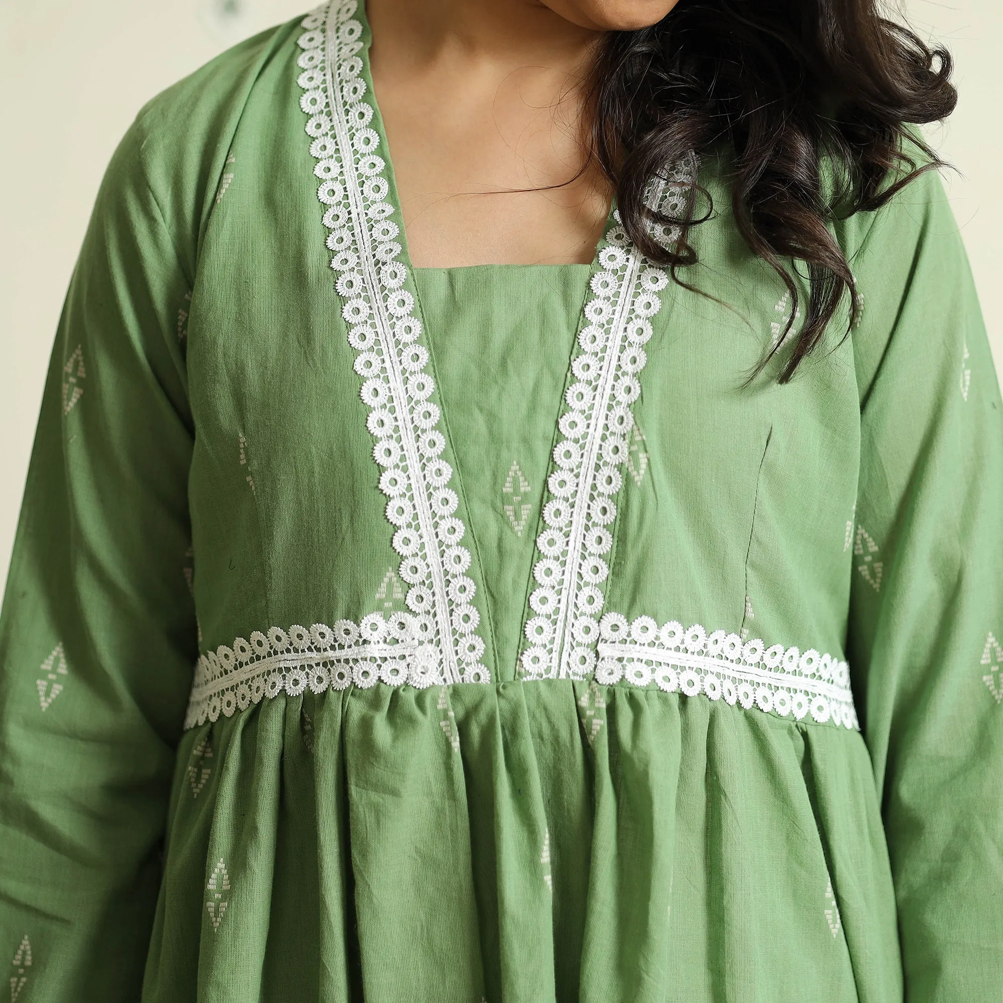 Green - Jacquard Cotton Flared Gher Dress