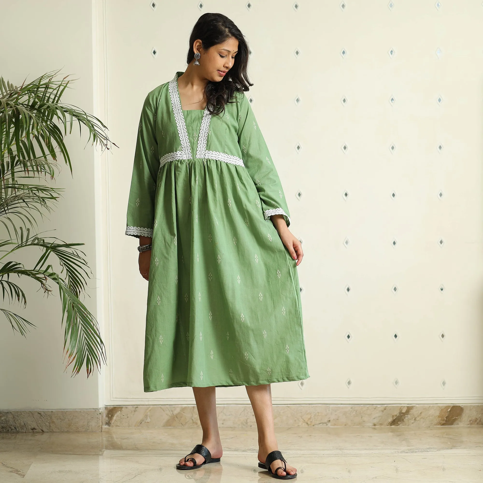 Green - Jacquard Cotton Flared Gher Dress