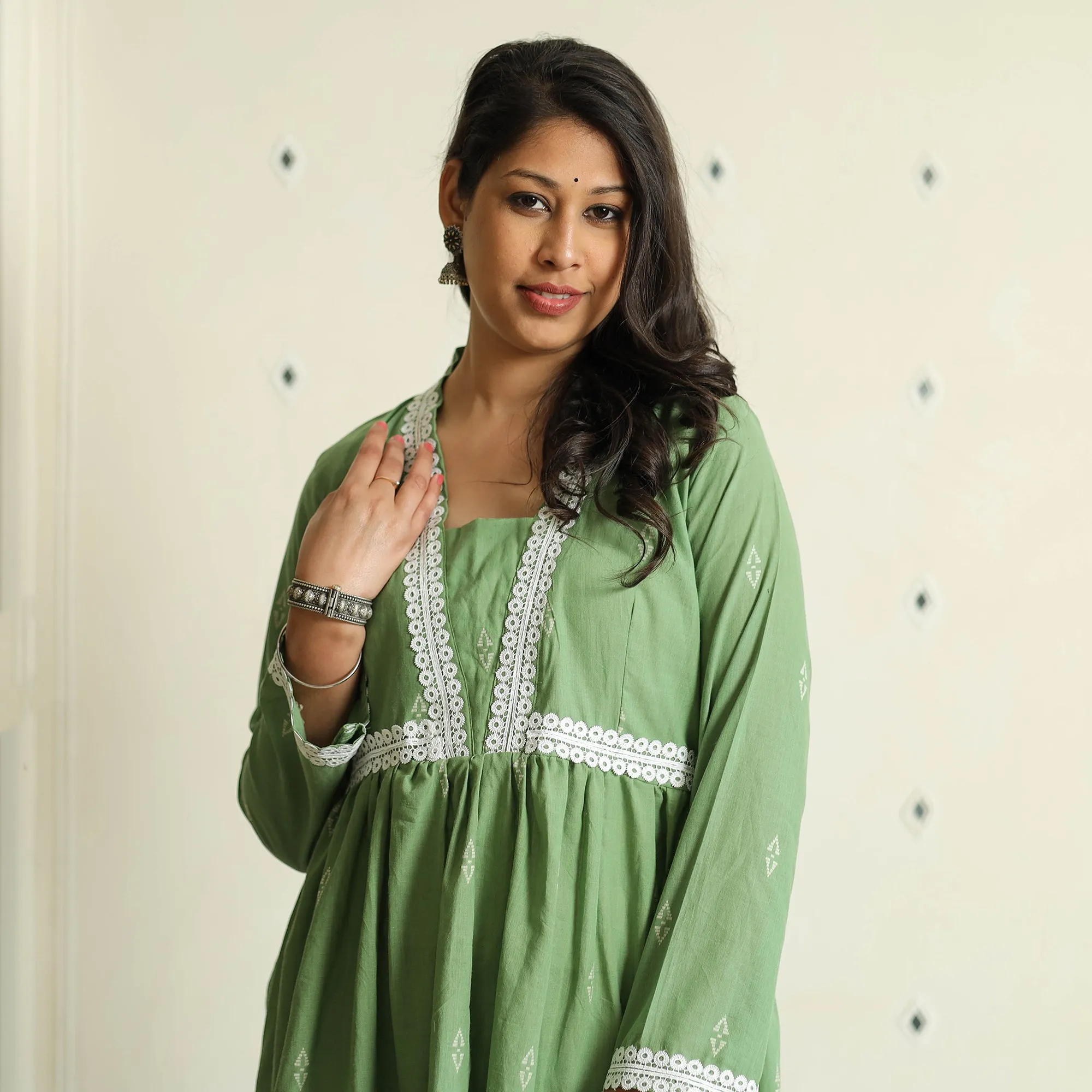 Green - Jacquard Cotton Flared Gher Dress