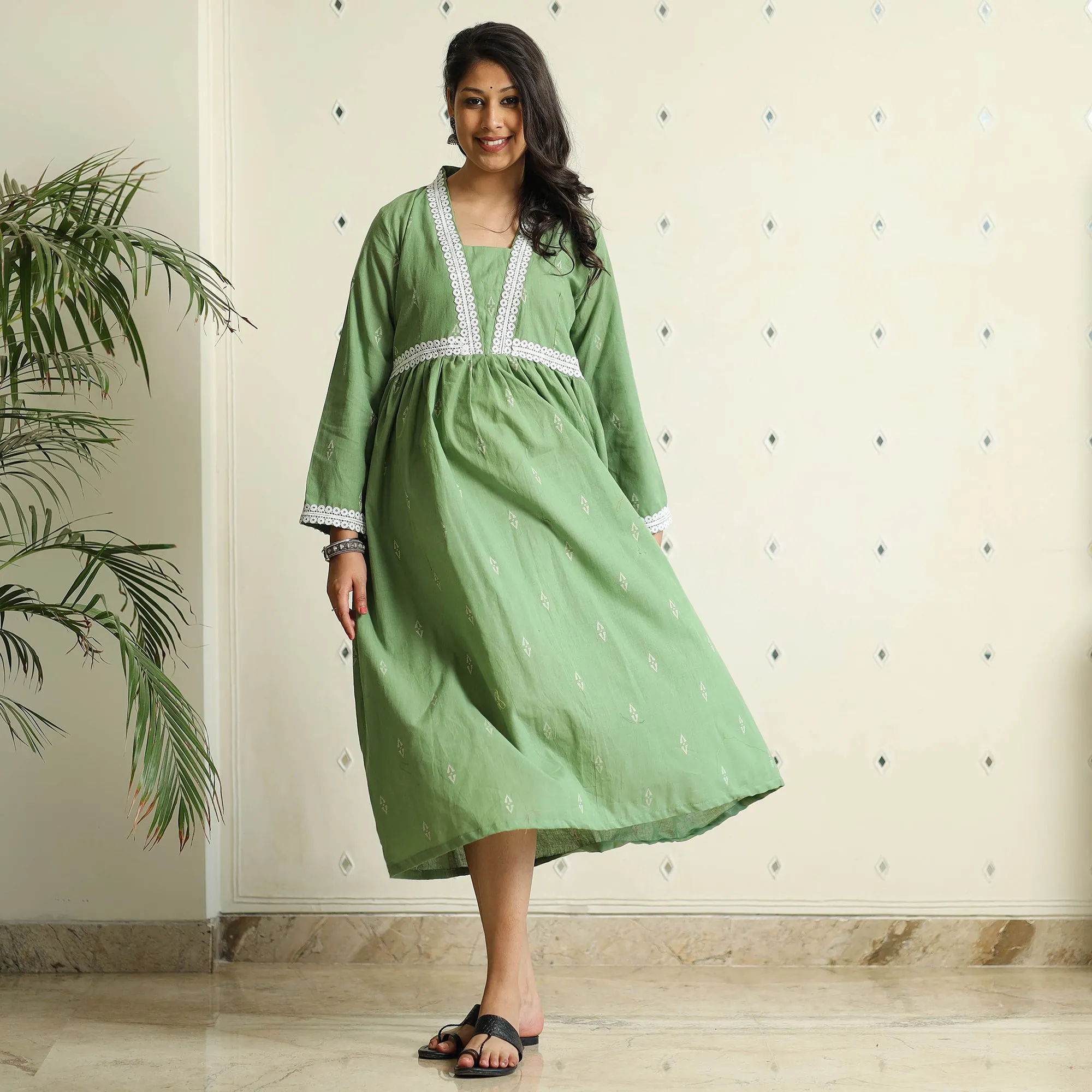 Green - Jacquard Cotton Flared Gher Dress