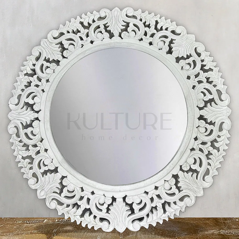 Hand Carved Mirror "Amed" White Wash - 70 cm