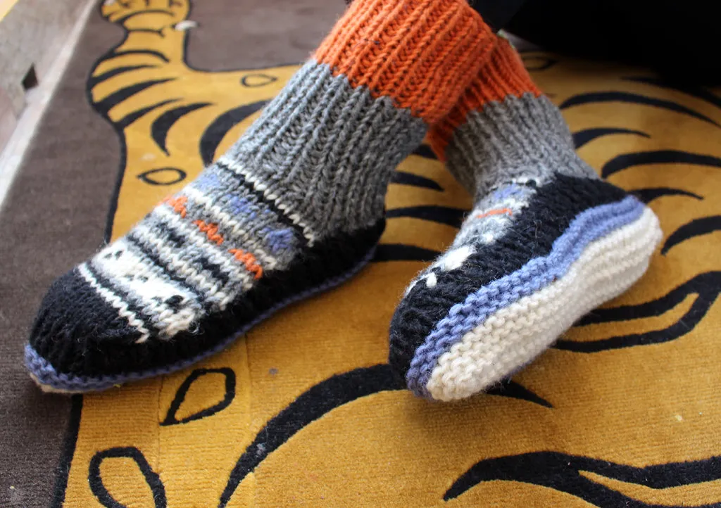 Handknitted Orange and Grey Multicolor Woolen Socks