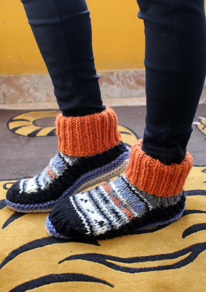 Handknitted Orange and Grey Multicolor Woolen Socks