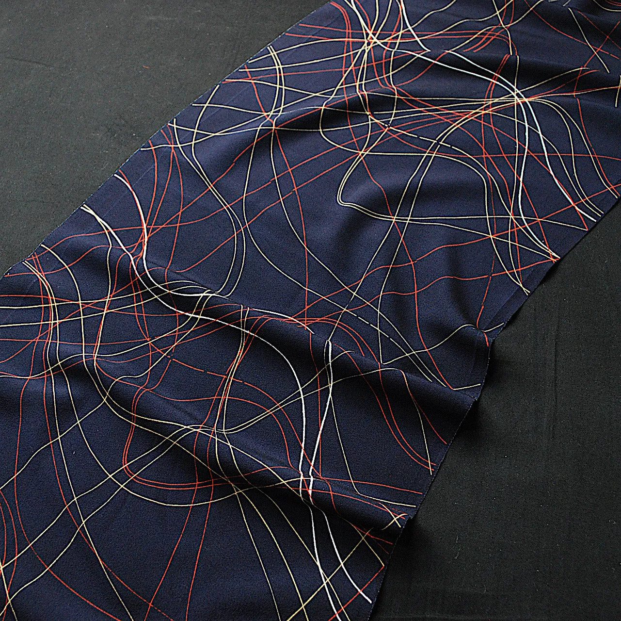 Indigo with Wild Squiggles Chirimen Crepe Kimono Silk  9" x 49"   #4213