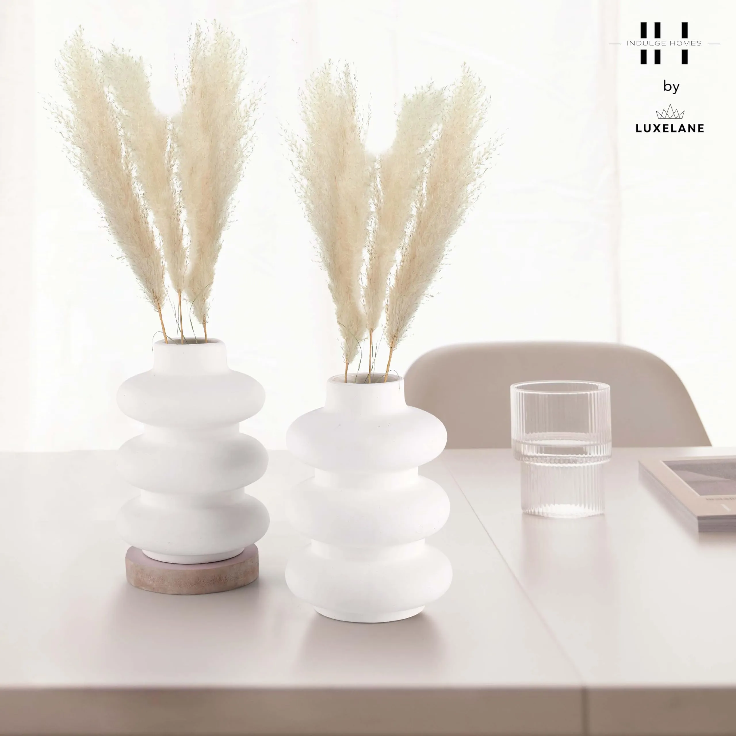 Indulge Home Ceramic White 'Triple Ring' Vase 7 Inch - Set of 2 | Decorative Triple Ring Vase for Dried Flowers and Pampas Grass | Vases for Home Decor, Living Room, Office Decor Ideas