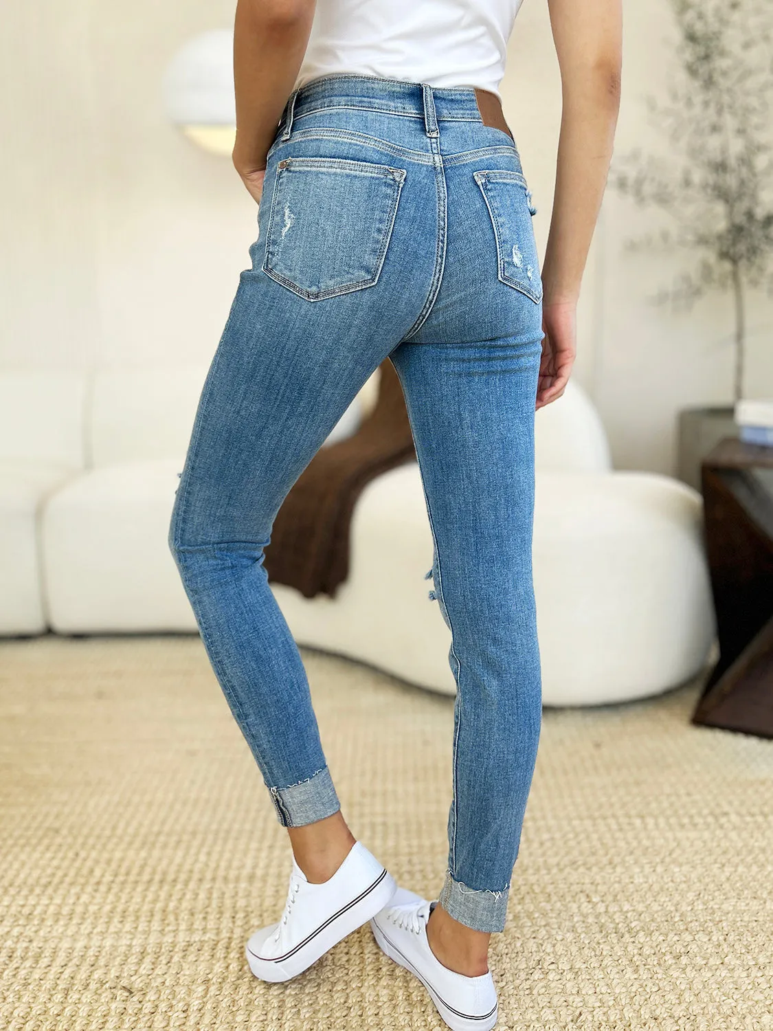 Judy Blue Mid Rise Destroy & Cuff Skinny Jeans [Online Exclusive]