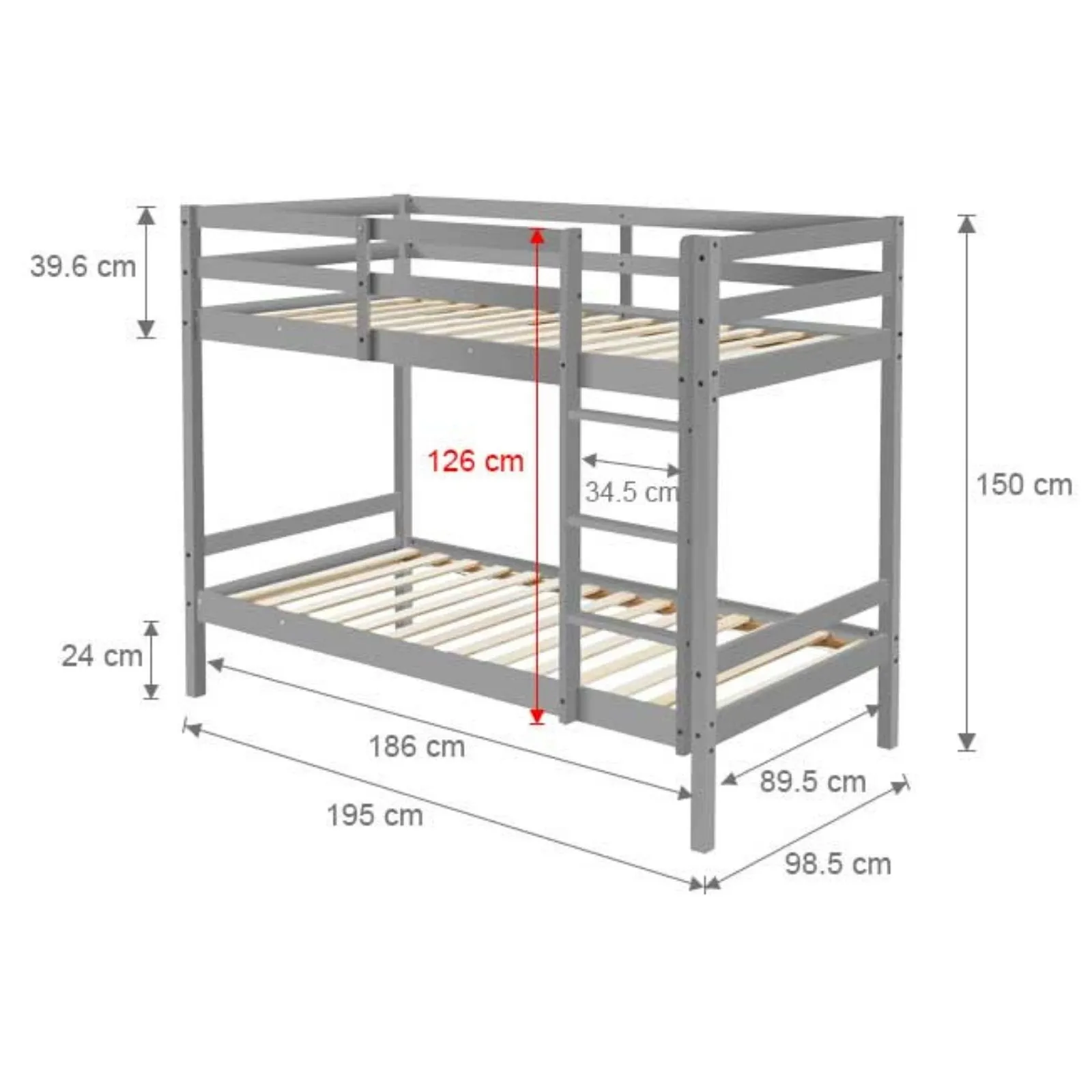 Kids Solid Pinewood Single Bunk Bed Dark Grey