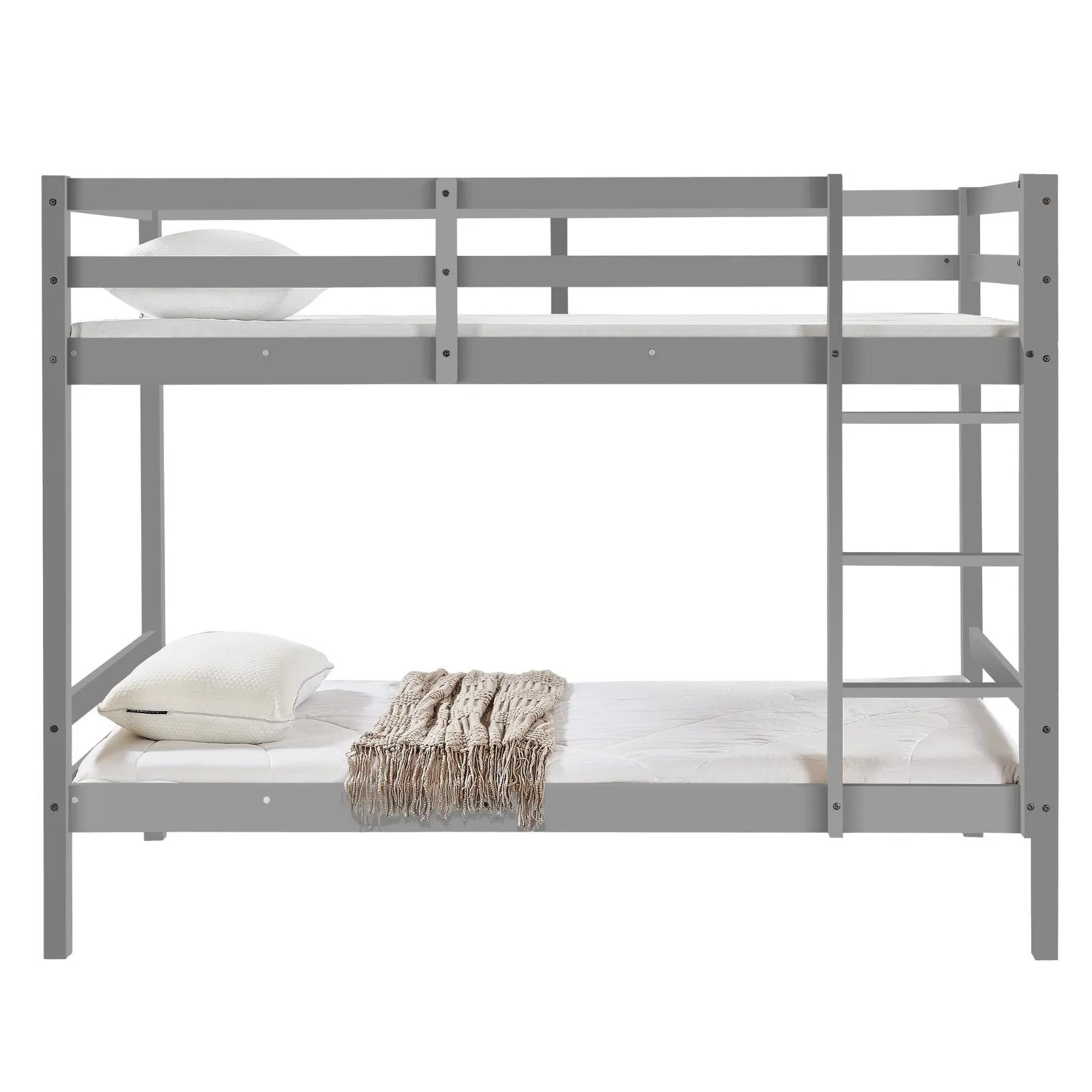 Kids Solid Pinewood Single Bunk Bed Dark Grey