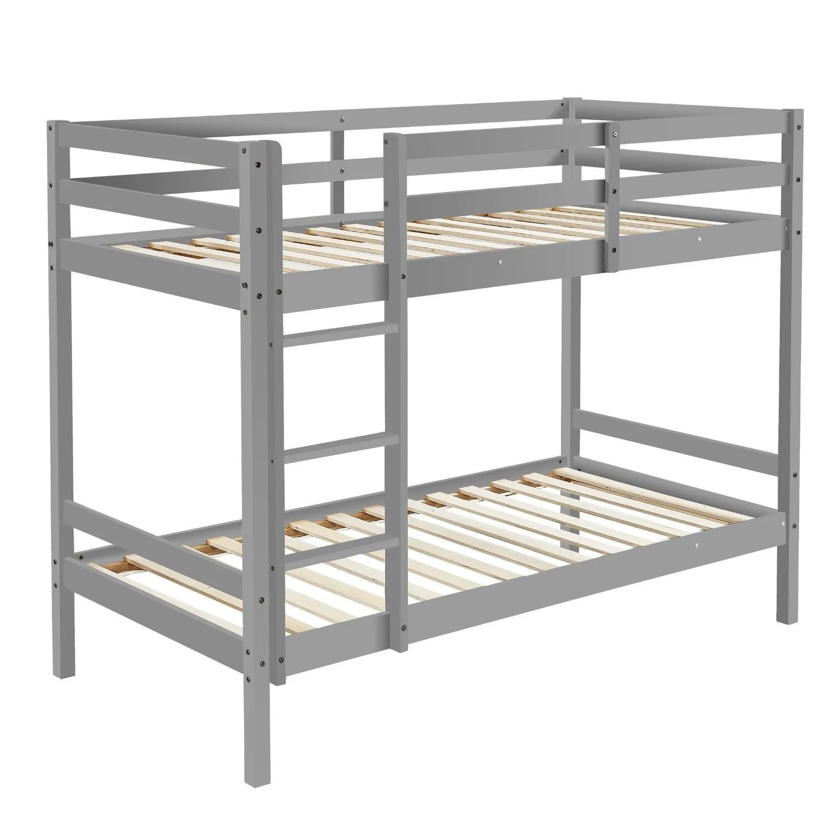 Kids Solid Pinewood Single Bunk Bed Dark Grey