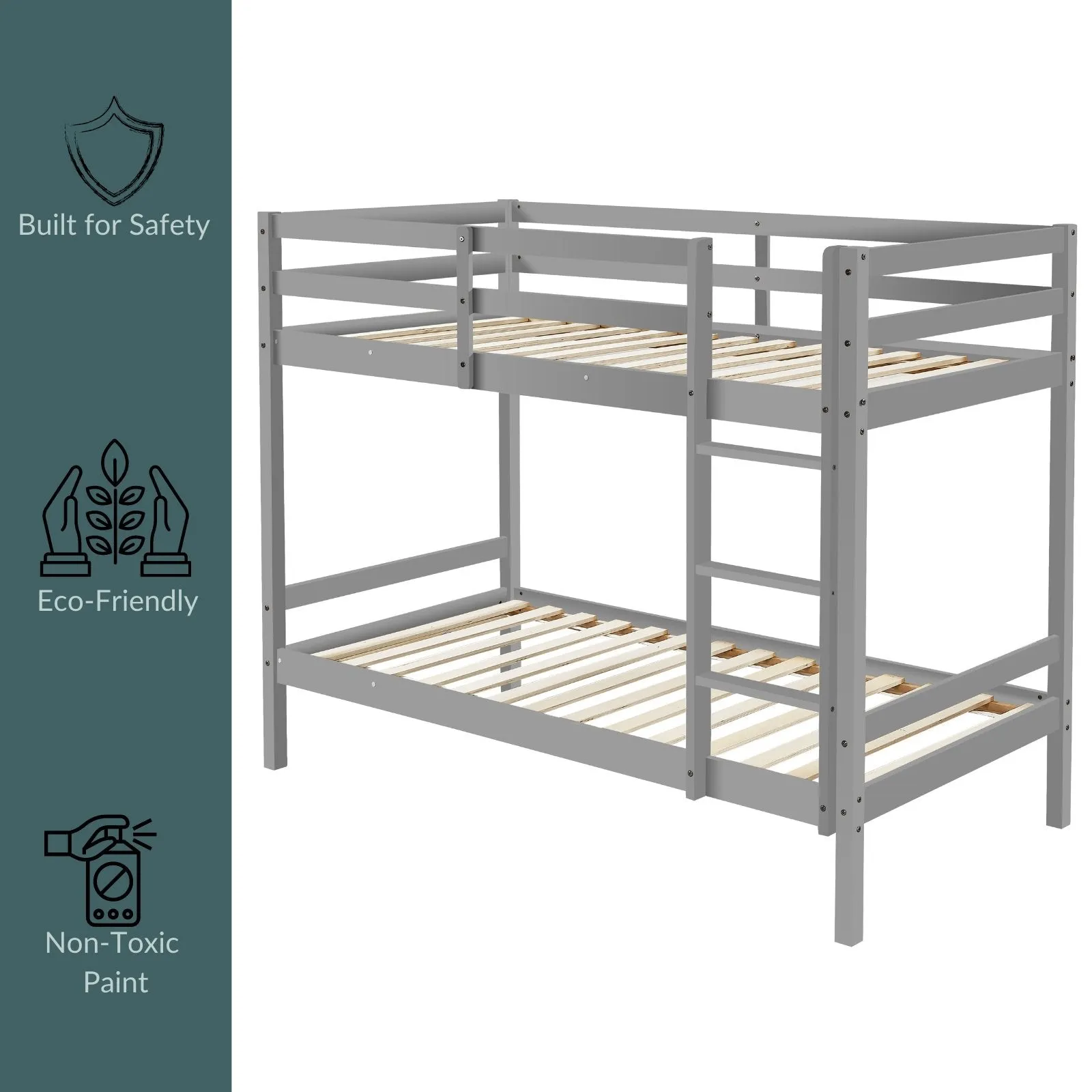 Kids Solid Pinewood Single Bunk Bed Dark Grey