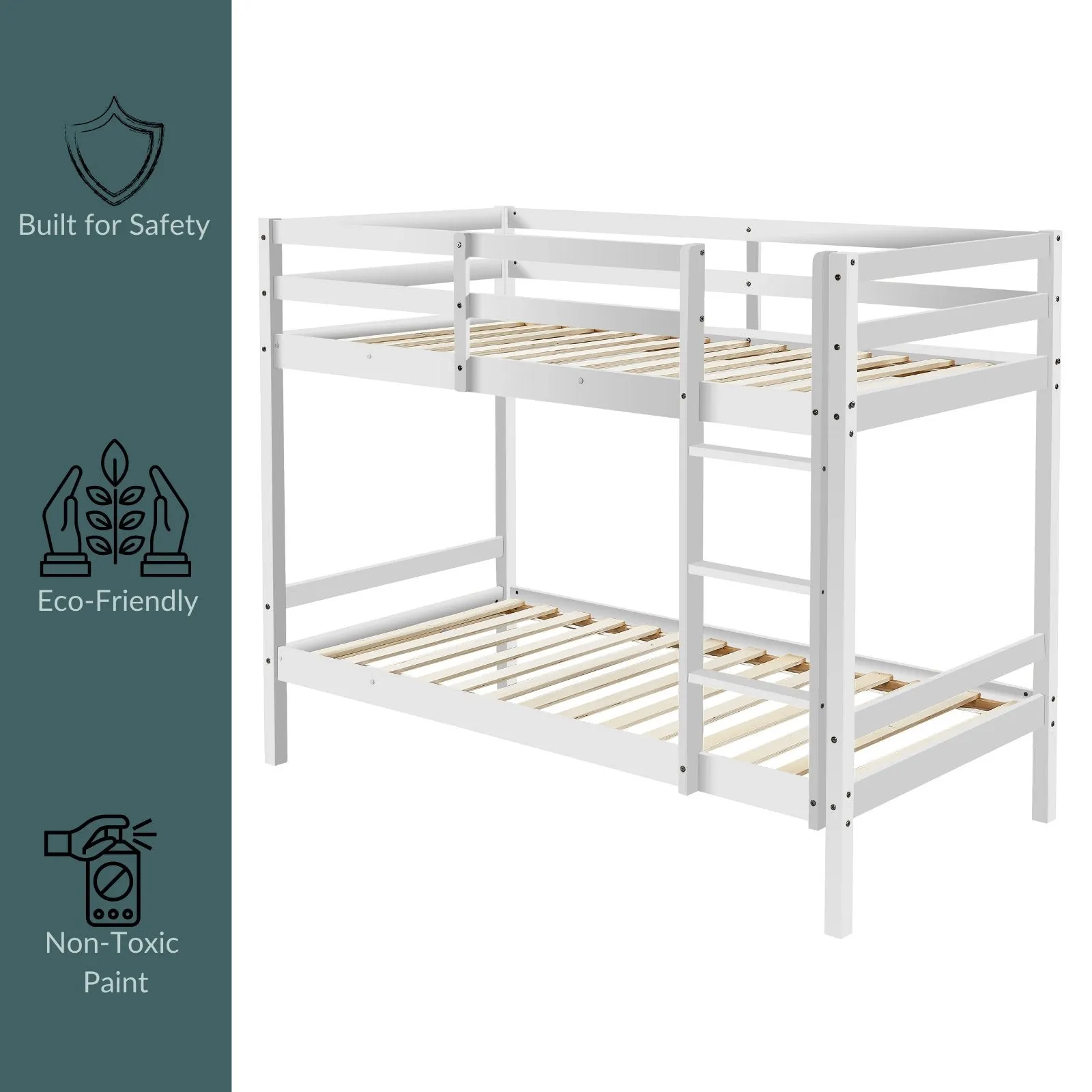 Kids Solid Pinewood Single Bunk Bed White