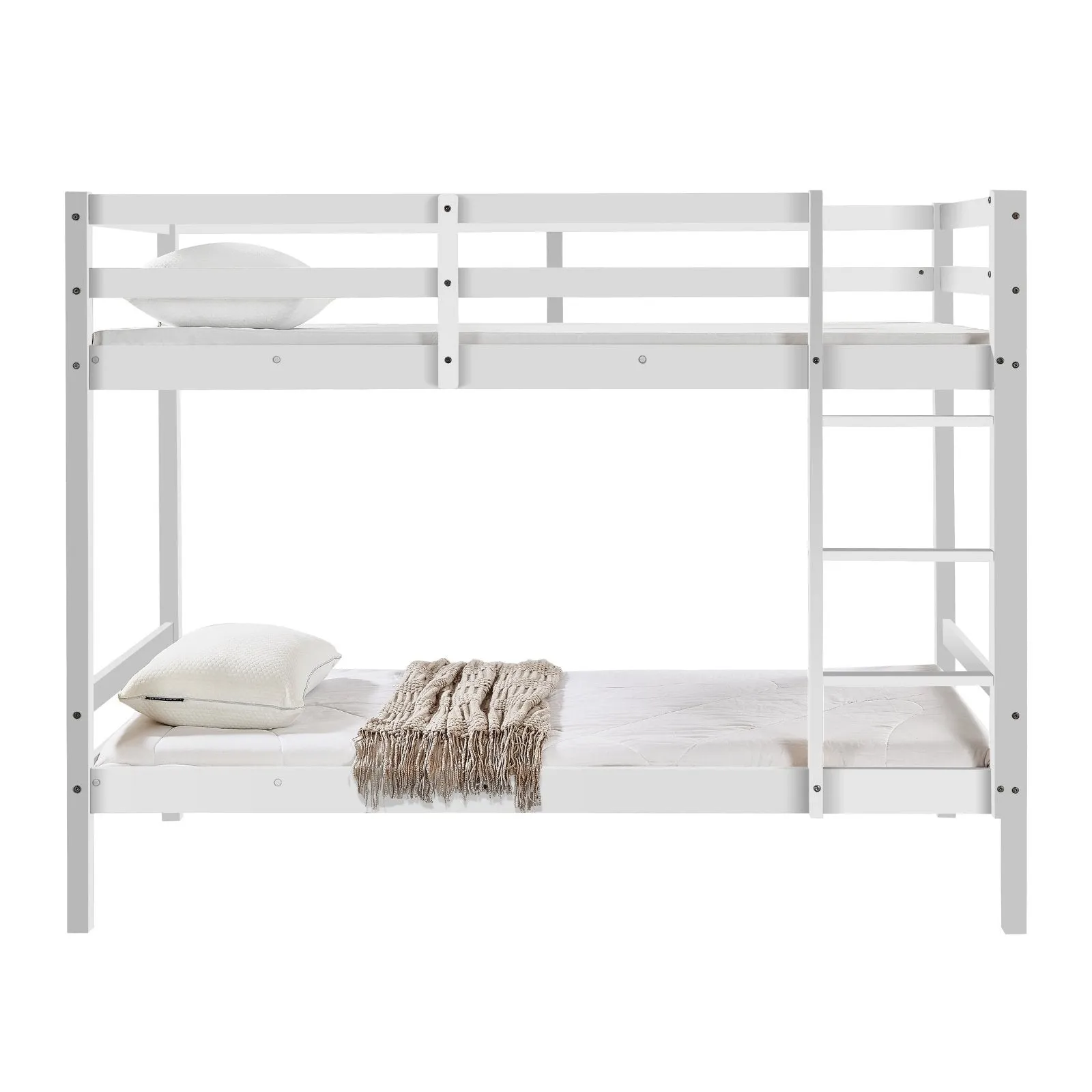 Kids Solid Pinewood Single Bunk Bed White