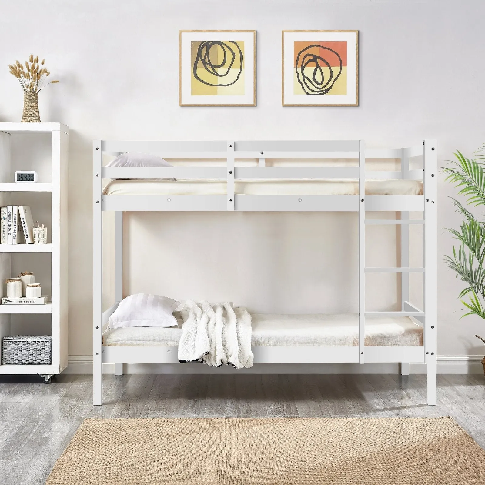 Kids Solid Pinewood Single Bunk Bed White