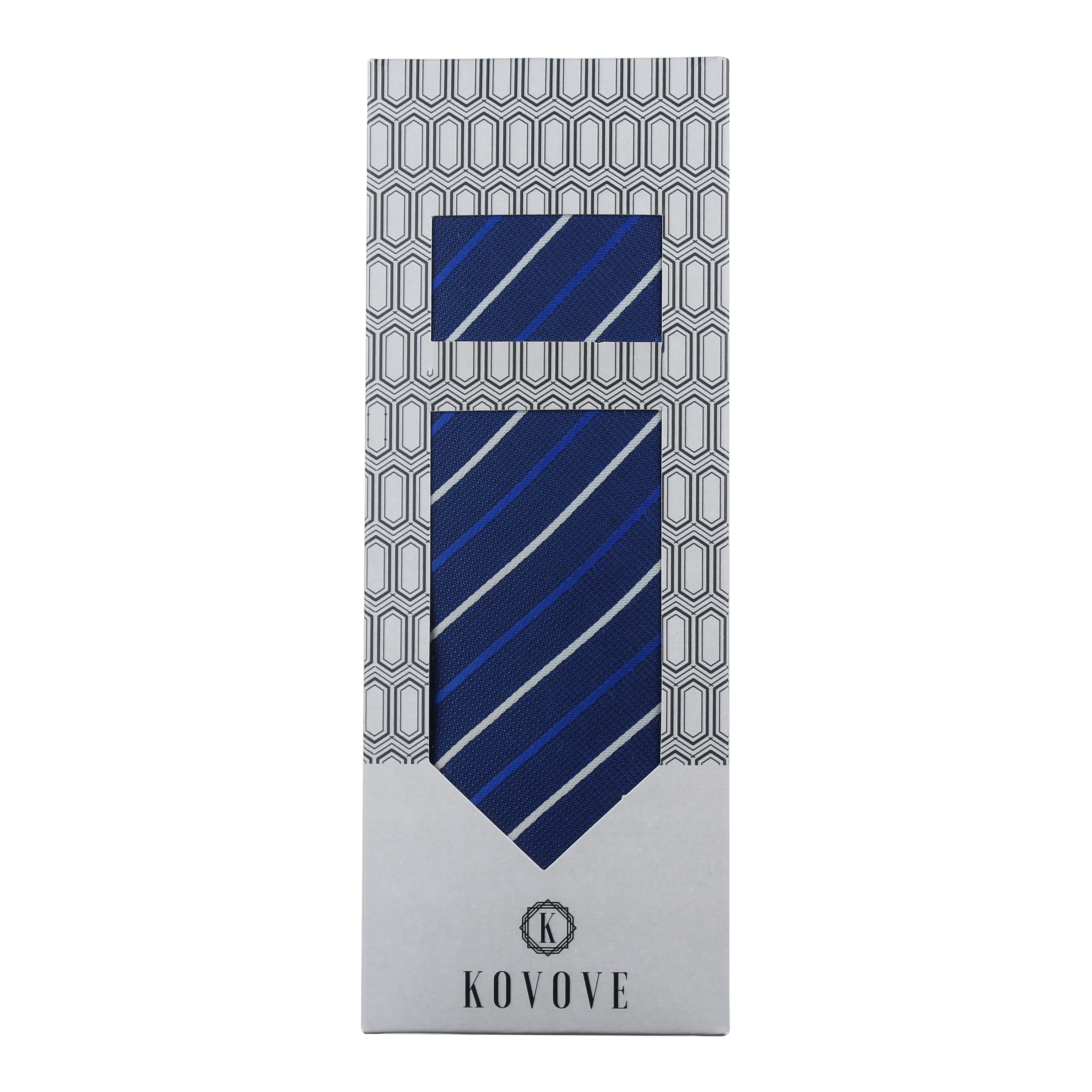 Kovove Graceful Blue Striped Necktie and Pocket Square Gift Box