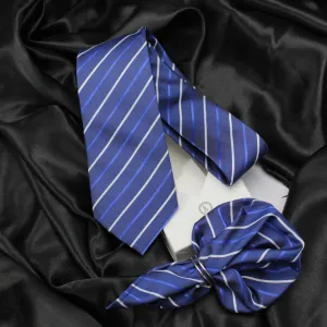 Kovove Graceful Blue Striped Necktie and Pocket Square Gift Box