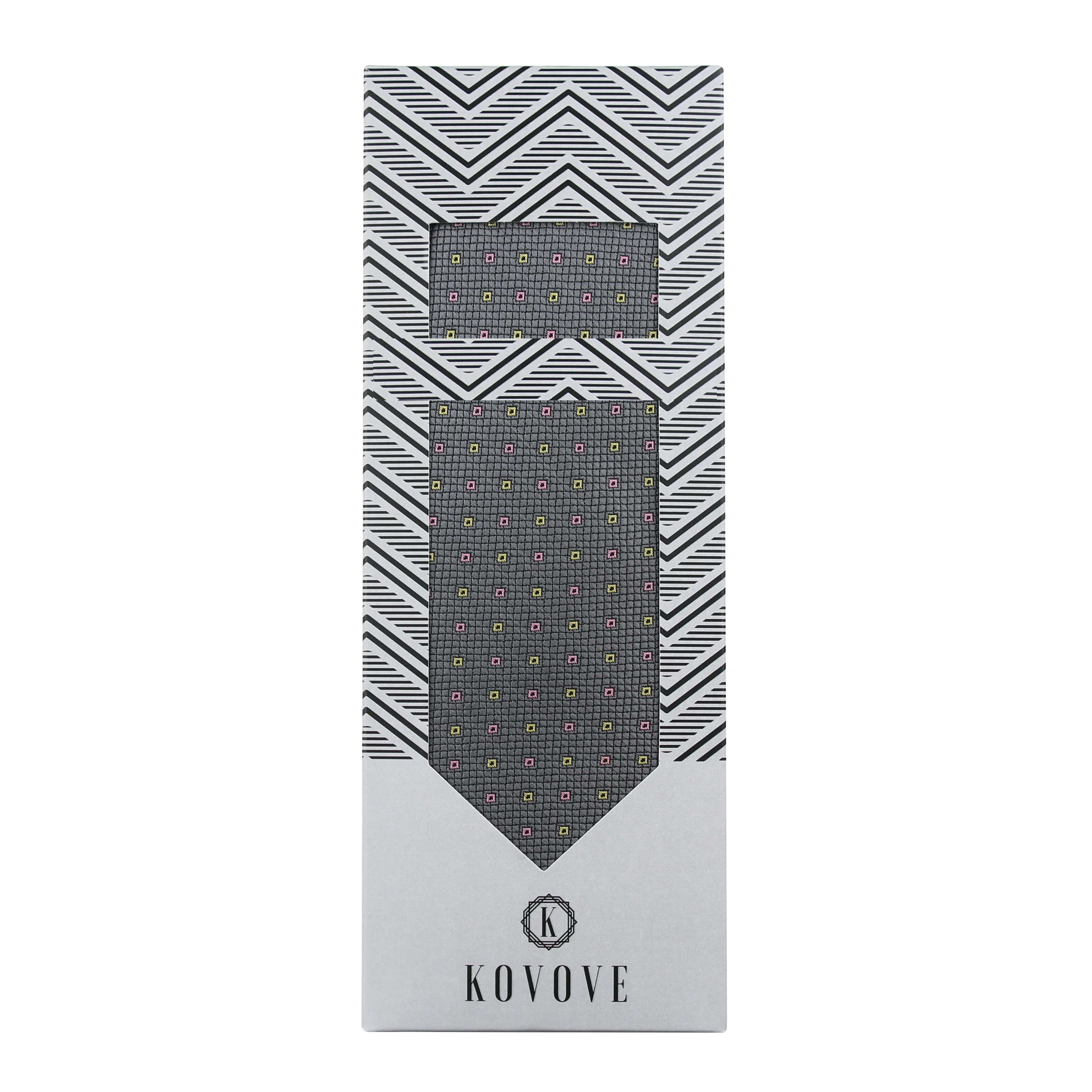 Kovove Graceful Grey Checkered Necktie and Pocket Square Gift Box