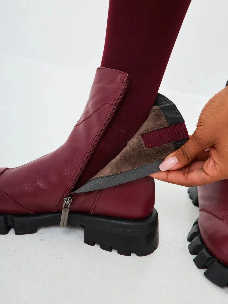 Leather Flat Sole Ankle Boots - Bordeaux