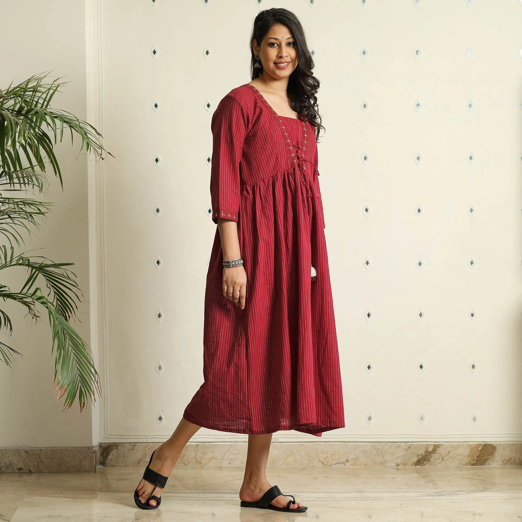 Maroon - Jacquard Cotton Flared Gher Dress