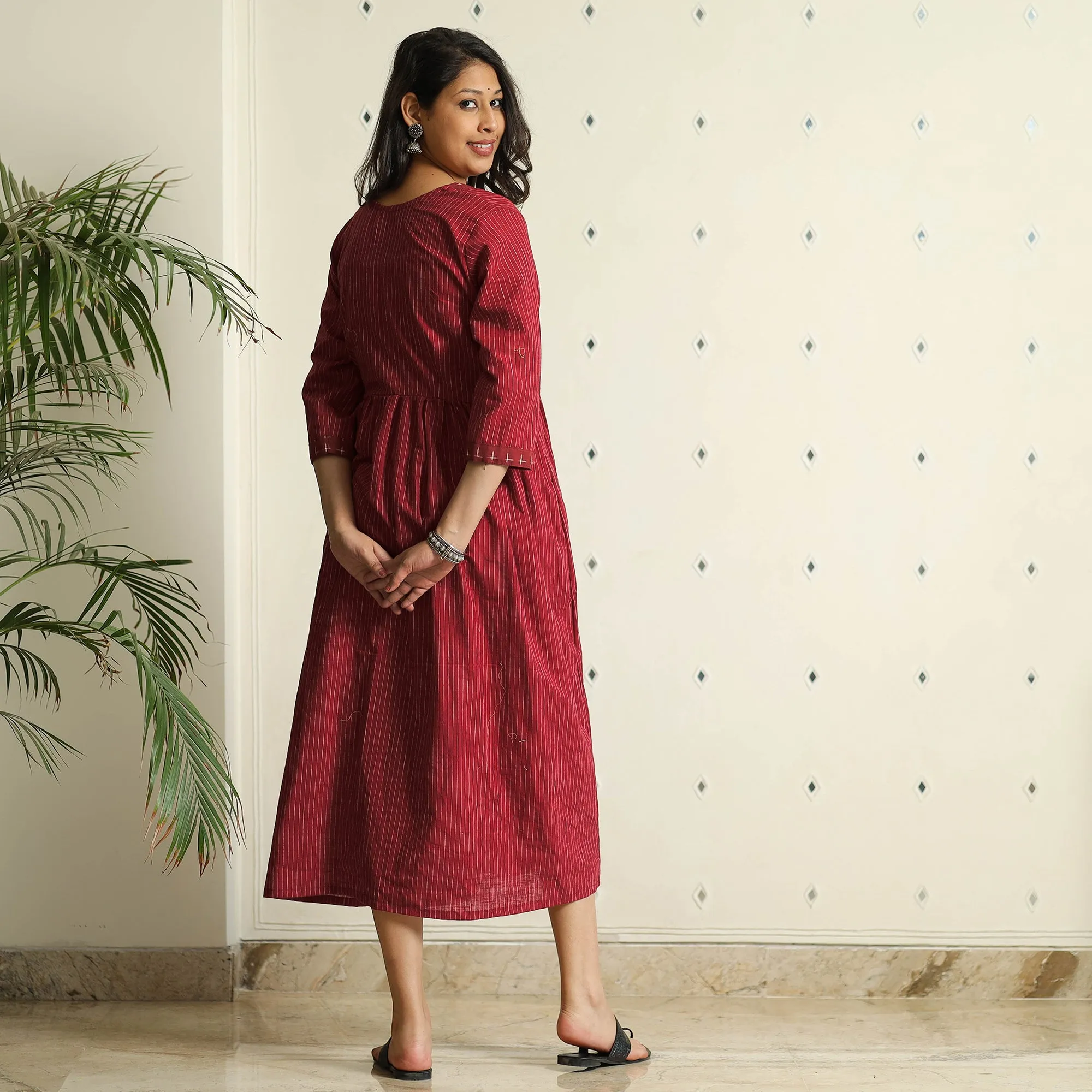 Maroon - Jacquard Cotton Flared Gher Dress