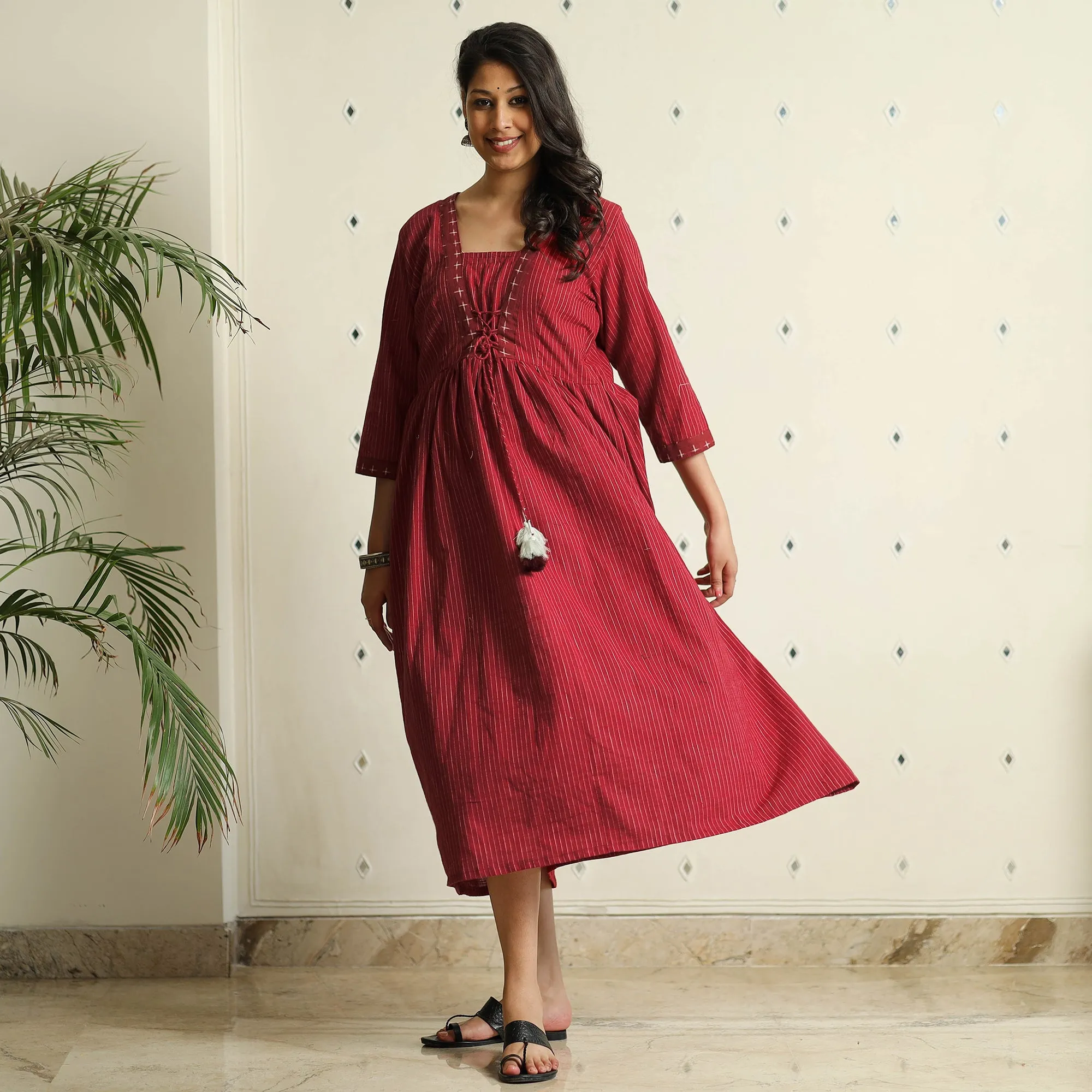 Maroon - Jacquard Cotton Flared Gher Dress