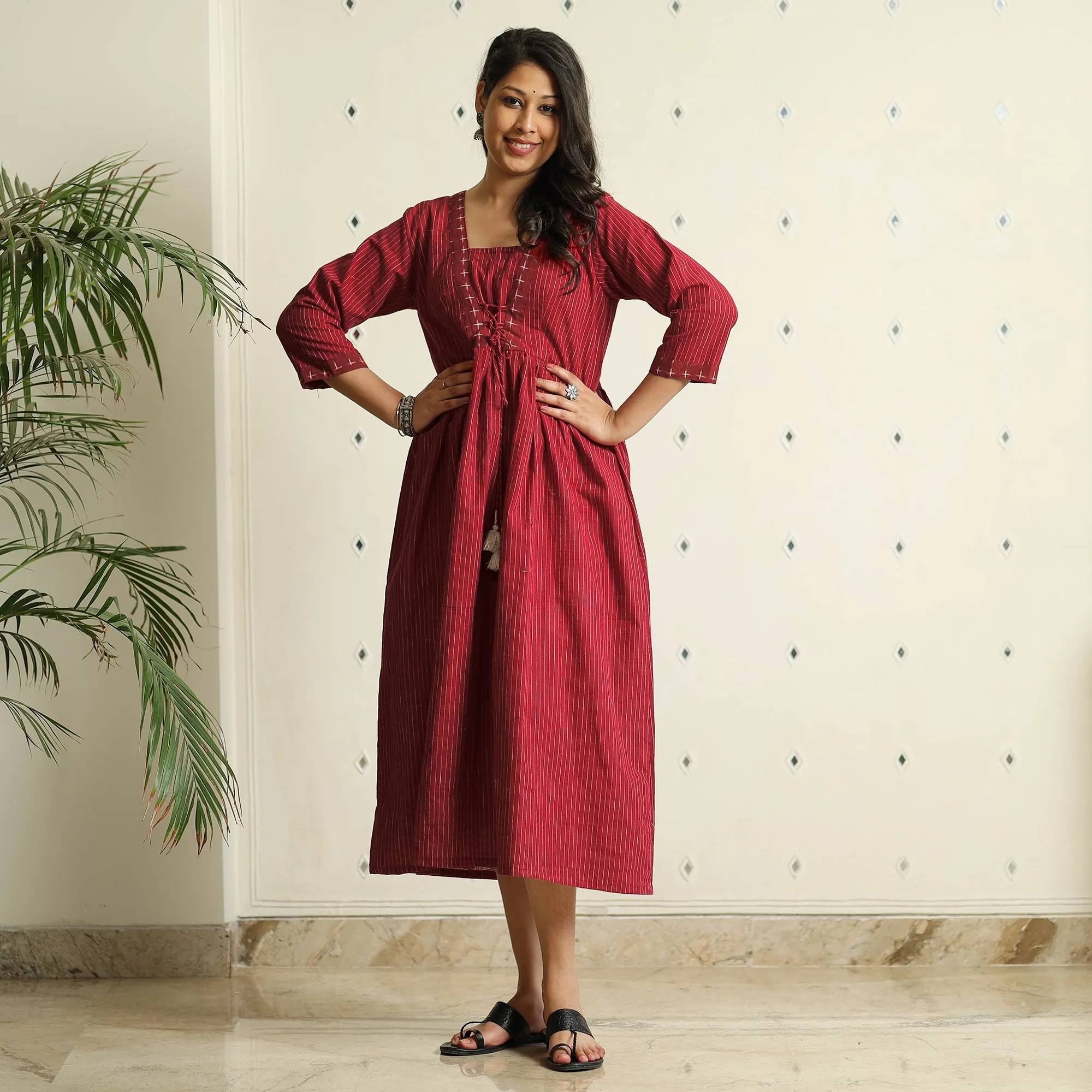 Maroon - Jacquard Cotton Flared Gher Dress