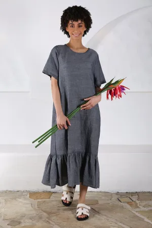 Martha's Vineyard Frill Dress Grey in Cotton/Linen